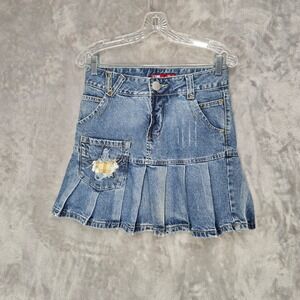 Babu Denim Skirt Girls L Blue Pleated Star Plaid Patch Distress Y2K Grunge Cyber